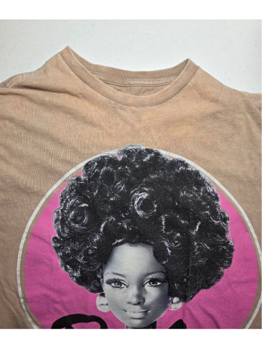 Barbie Afro Graphic Tee Beige Y2K Retro Barbiecore T Shirt Size M - Picture 6 of 9